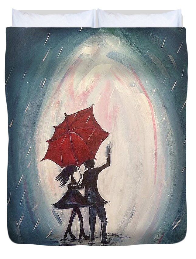 Lovers Duvet Cover featuring the painting Walking in the Rain by Roxy Rich