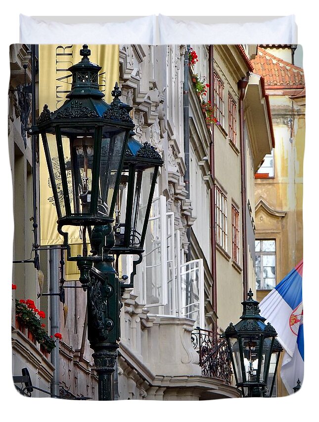 Prague Duvet Cover featuring the photograph Windows On Prague's Mostecka Street by Ira Shander