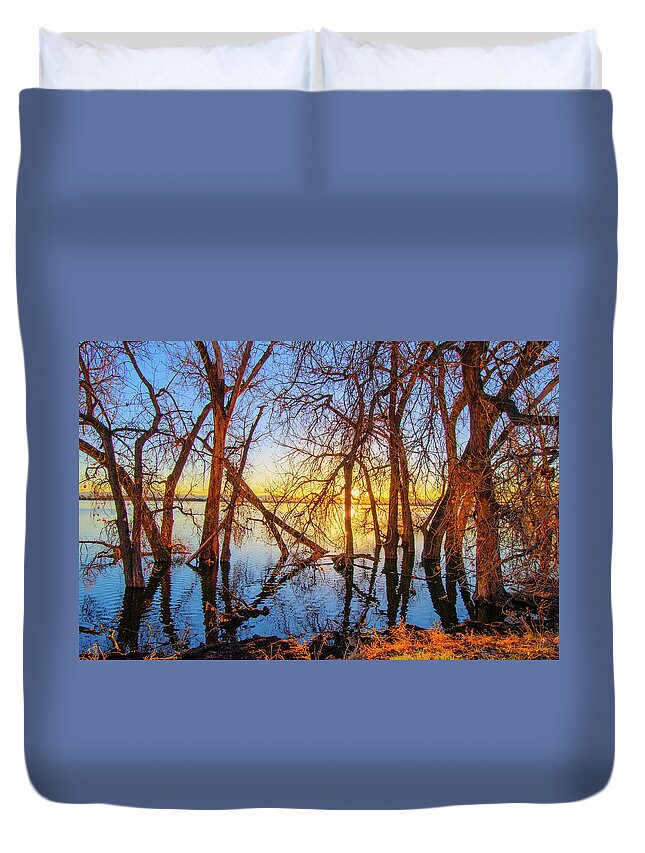 Autumn Duvet Cover featuring the photograph Twisted Trees, bare trees on Barr Lake, during sunset, in Barr Lake State Park, Brighton, CO Spring by Tom Potter