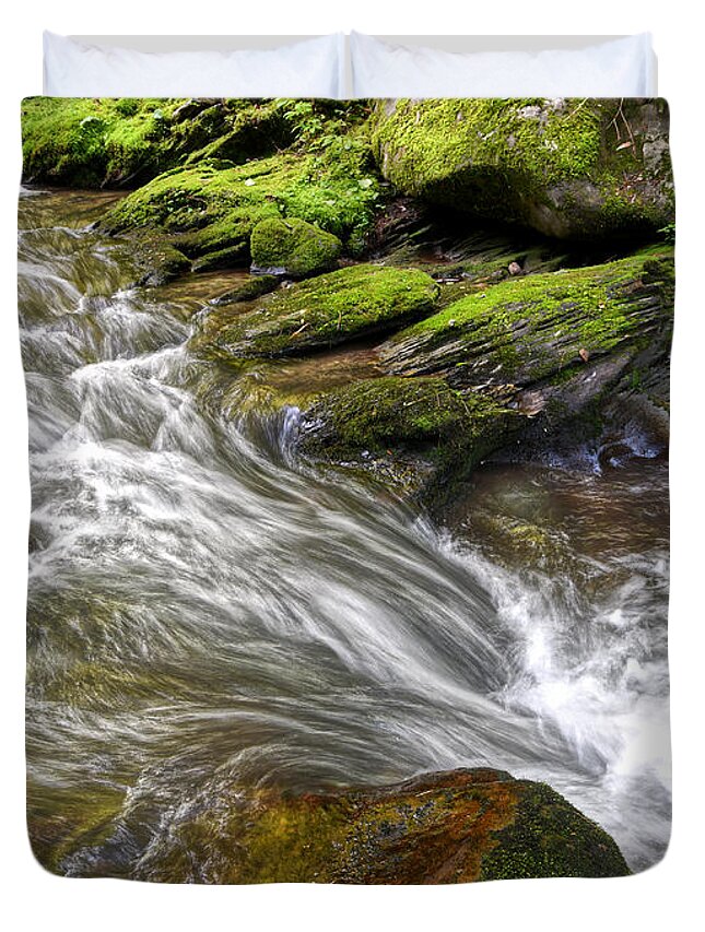 Waterfall Duvet Cover featuring the photograph Water And Moss #1 by Phil Perkins