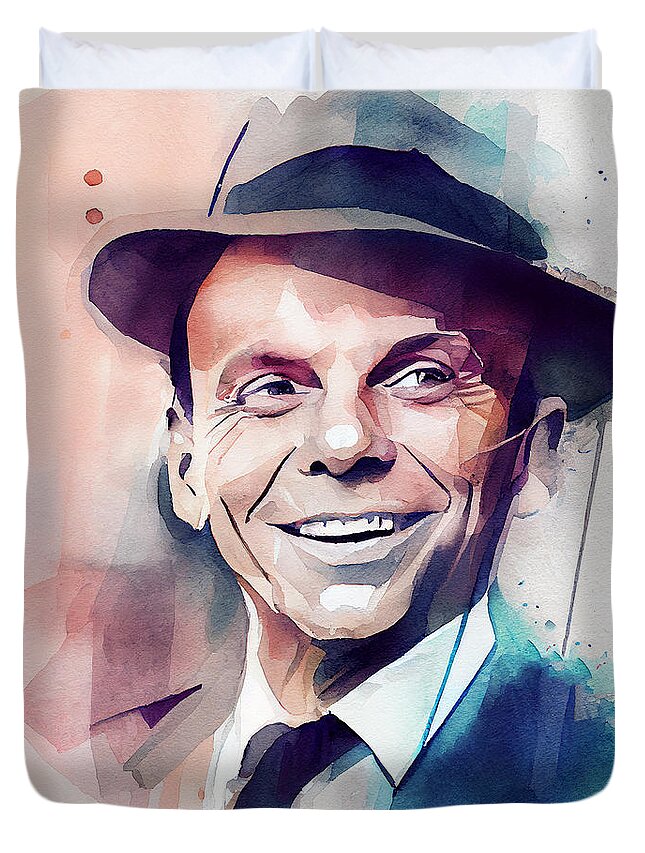 Frank Sinatra Duvet Cover featuring the mixed media Watercolour Of Frank Sinatra #1 by Smart Aviation