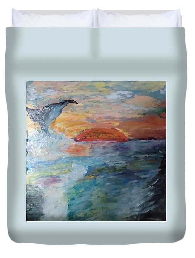 Whale Duvet Cover featuring the painting Whale at Sunset by Suzanne Berthier
