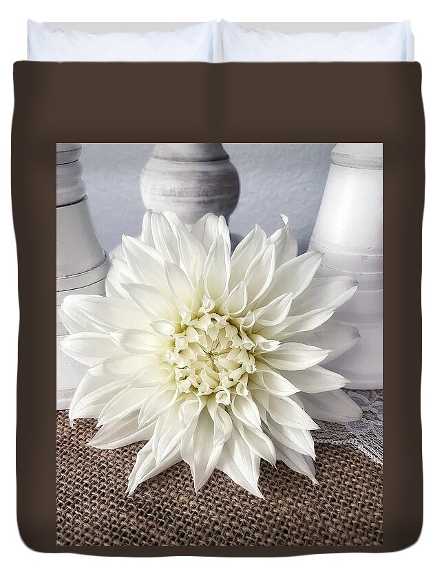 Flower Duvet Cover featuring the photograph White Dahlia #1 by Steph Gabler