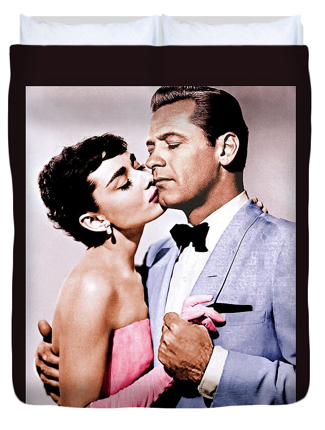 Audrey Hepburn Duvet Cover featuring the photograph William Holden and Audrey Hepburn by Stars on Art