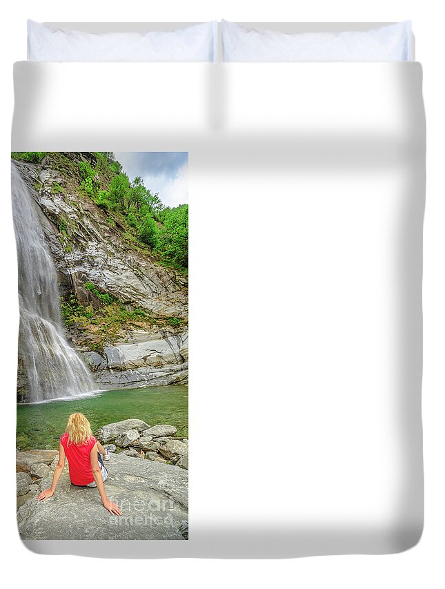 Switzerland Duvet Cover featuring the photograph woman in great waterfall of Bignasco #1 by Benny Marty