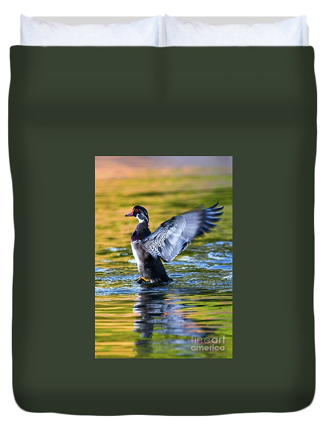 Wood Duck Duvet Cover featuring the photograph Wood Duck Sunset #1 by John F Tsumas