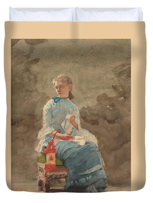 Winslow Homer Duvet Cover featuring the drawing Young Woman Sewing #2 by Winslow Homer