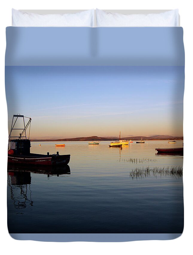 Lancashire Duvet Cover featuring the photograph MORECAMBE. Fishing Boats Moored On The Bay. by Lachlan Main