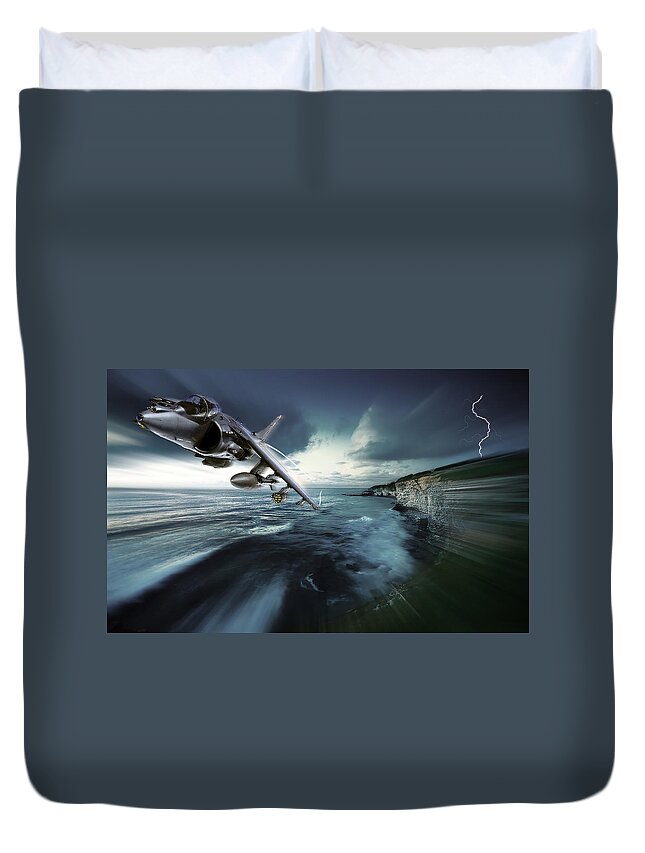 Harrier Duvet Cover featuring the digital art British Aerospace Harrier II GR9 White Cliffs Pass by Custom Aviation Art