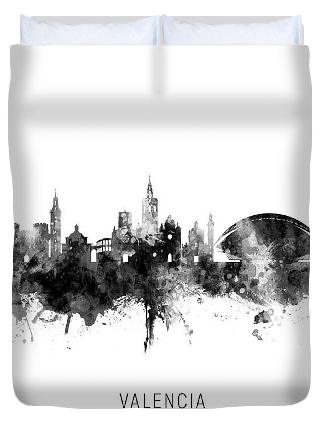 Valencia Duvet Cover featuring the digital art Valencia Spain Skyline by Michael Tompsett