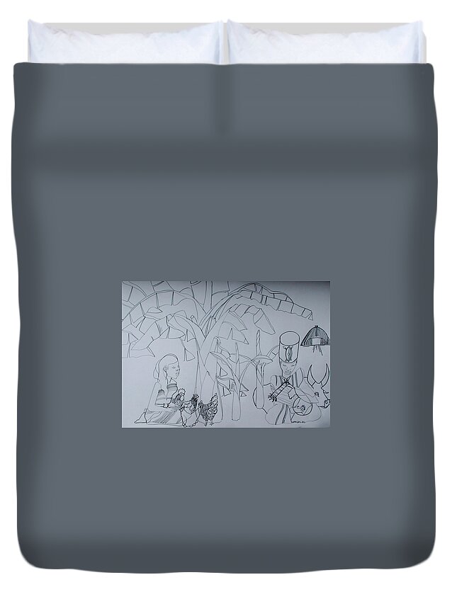 Jesus Duvet Cover featuring the drawing Kintu and Nambi First Encounters #11 by Gloria Ssali