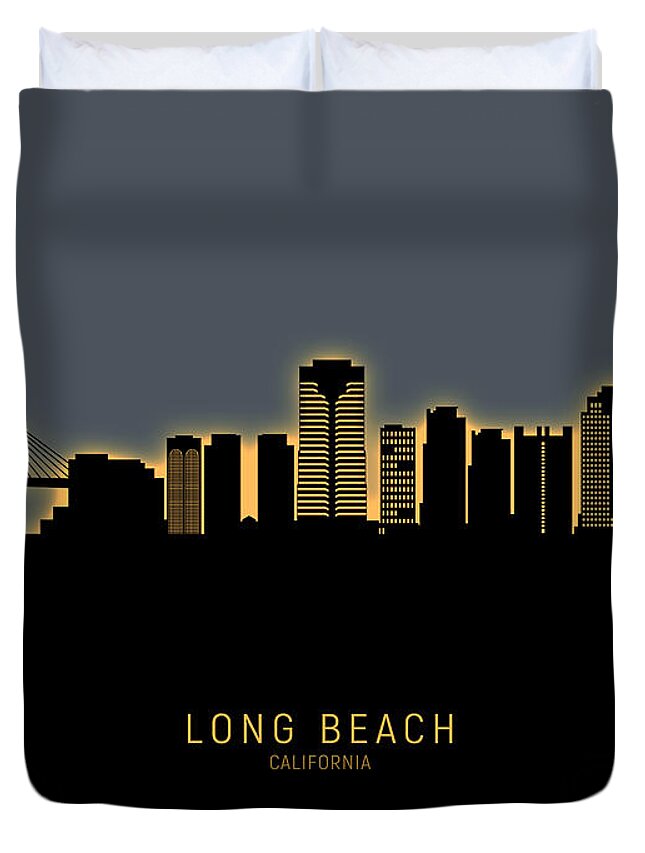 Long Beach Duvet Cover featuring the digital art Long Beach California Skyline by Michael Tompsett