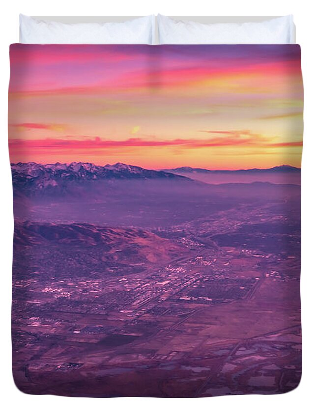 Flying Duvet Cover featuring the photograph Flying Over Rockies In Airplane From Salt Lake City At Sunset #13 by Alex Grichenko
