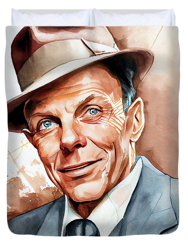 Frank Sinatra Duvet Cover featuring the mixed media Watercolour Of Frank Sinatra #13 by Smart Aviation
