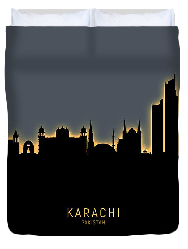 Karachi Duvet Cover featuring the digital art Karachi Pakistan Skyline by Michael Tompsett
