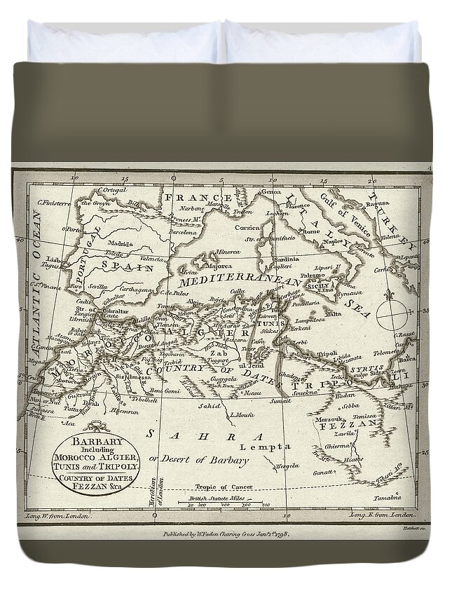 Morocco Duvet Cover featuring the photograph 1798 Historical map of Barbary including Morocco, Tunis, Algiers and Tripoly Sepia by Toby McGuire