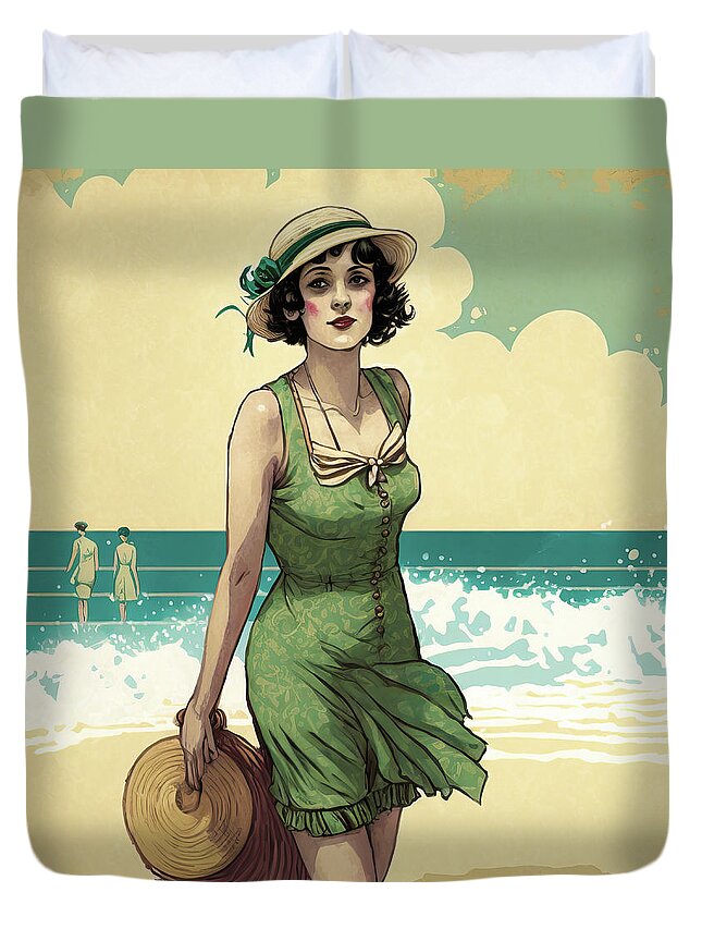 Flapper Duvet Cover featuring the digital art 1920s Flapper Woman at the Beach 01 by Matthias Hauser