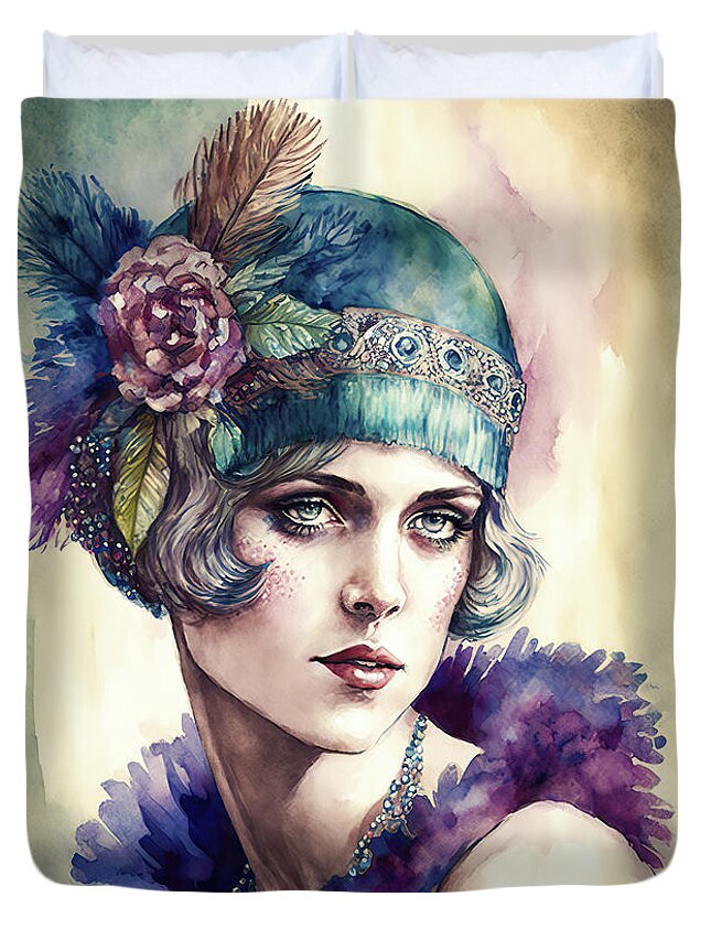 Woman Duvet Cover featuring the digital art 1920s Flapper Woman Watercolor 05 by Matthias Hauser
