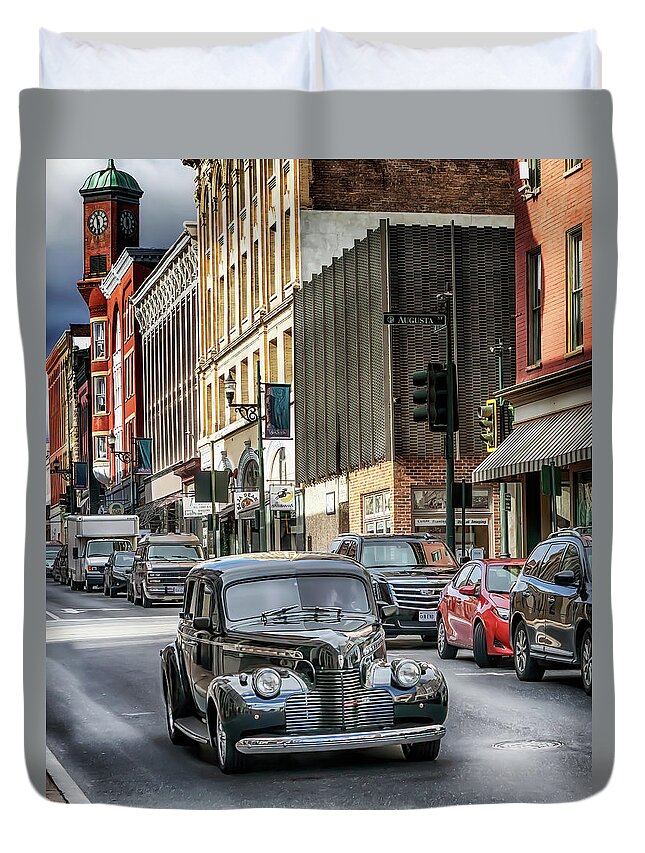 Staunton Duvet Cover featuring the photograph 1940 Chevy Downtown Staunton Virginia by Susan Rissi Tregoning