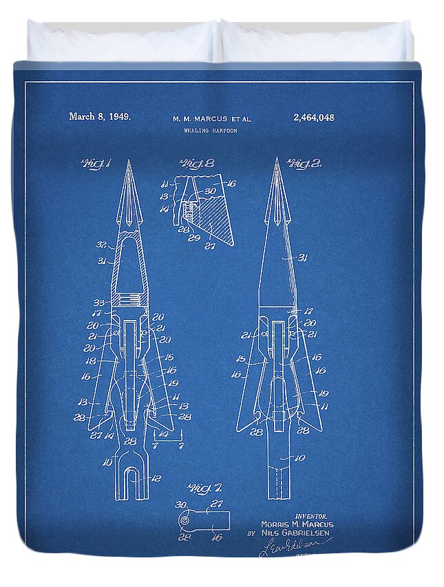 Whale Duvet Cover featuring the drawing 1949 Whaling Harpoon Patent Design by Dan Sproul