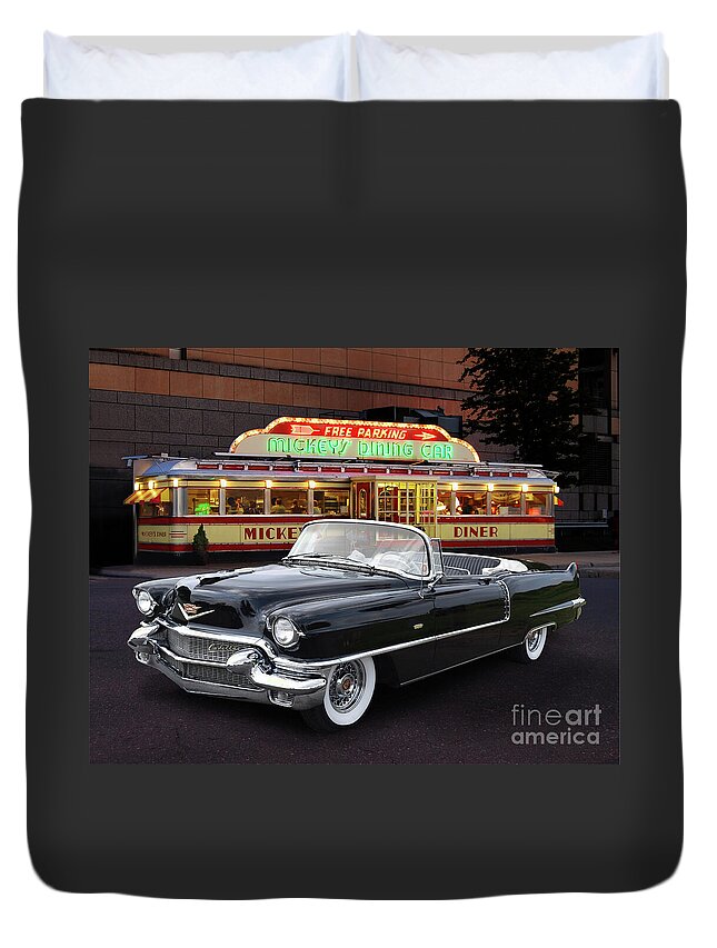 1956 Duvet Cover featuring the photograph 1956 Cadillac At Mickey's Dining Car by Ron Long