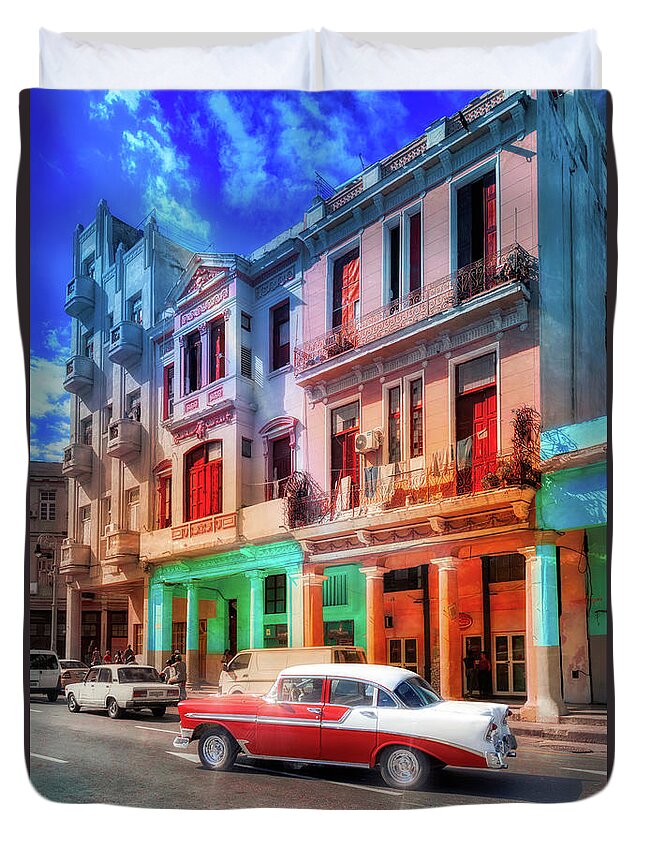 La Habana Duvet Cover featuring the photograph 1956 Chevy Bel Air and the black light by Micah Offman