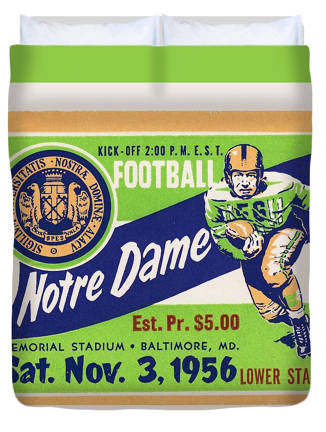 Notre Dame Duvet Cover featuring the mixed media 1956 Notre Dame Football Ticket Art by Row One Brand