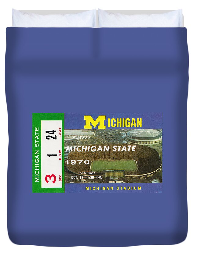 Michigan Football Duvet Cover featuring the mixed media 1970 Michigan State vs. Michigan by Row One Brand