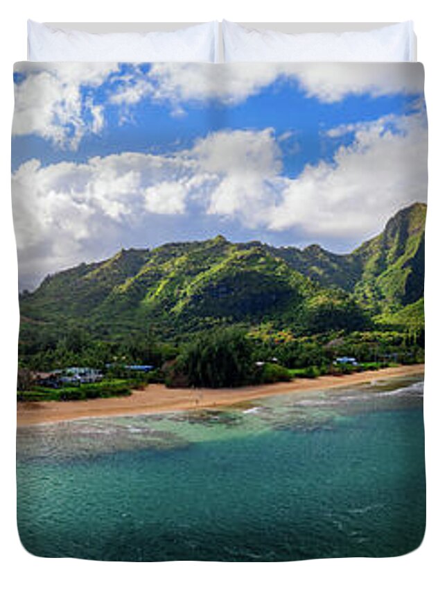 Aerial Duvet Cover featuring the photograph Aerial drone shot of Tunnels Beach on the north shore of Kauai i #2 by Steven Heap