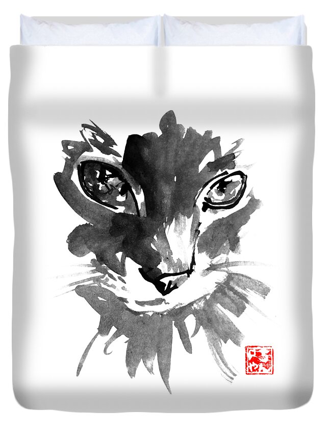 Cat Duvet Cover featuring the painting Cat Face by Pechane Sumie