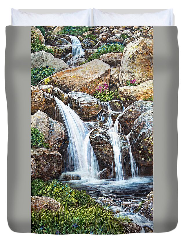 Waterfall Duvet Cover featuring the painting Flowing by Aaron Spong