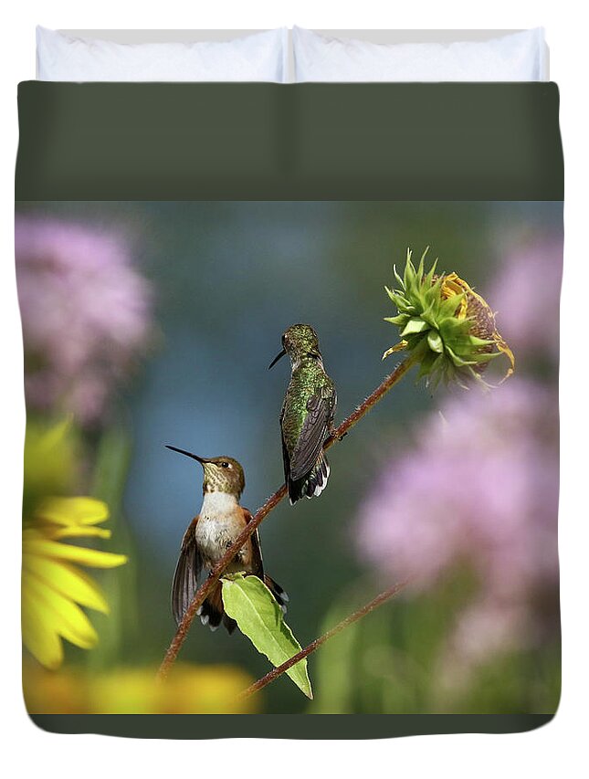Hummingbirds Duvet Cover featuring the photograph 2 Hummingbirds in Wildflowers by Julie Argyle