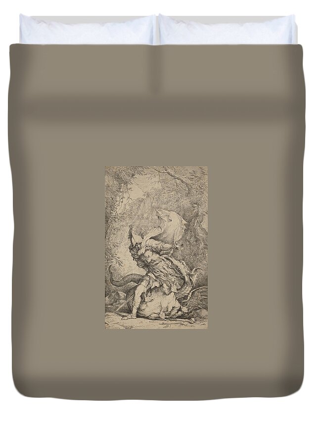 Salvator Rosa Duvet Cover featuring the drawing Jason and the Dragon #4 by Salvator Rosa