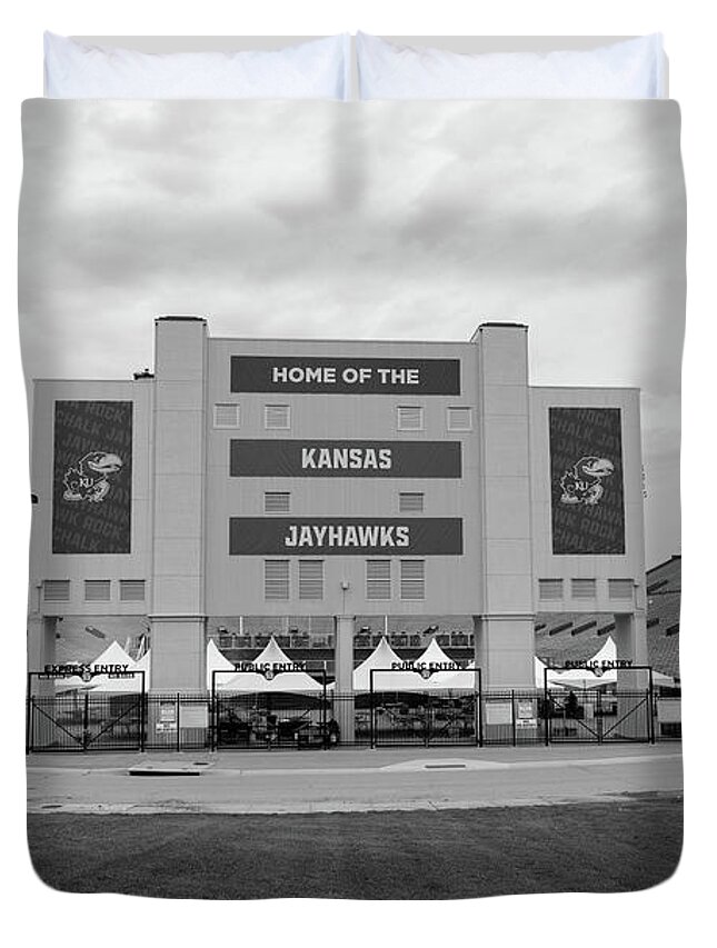 Kansas Jayhawks Stadium Duvet Cover featuring the photograph Kansas Jayhawks football stadium in black and white by Eldon McGraw
