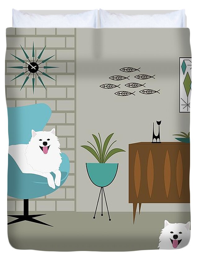 Mid Century Modern Duvet Cover featuring the digital art Mid Century Modern White Dogs by Donna Mibus