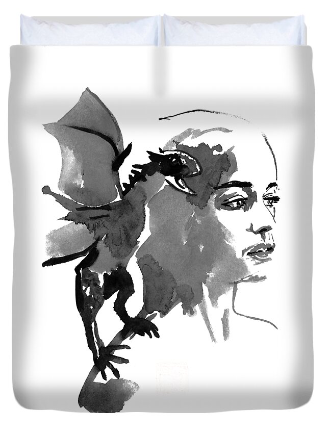 Dragon Duvet Cover featuring the painting Mother Dragon by Pechane Sumie