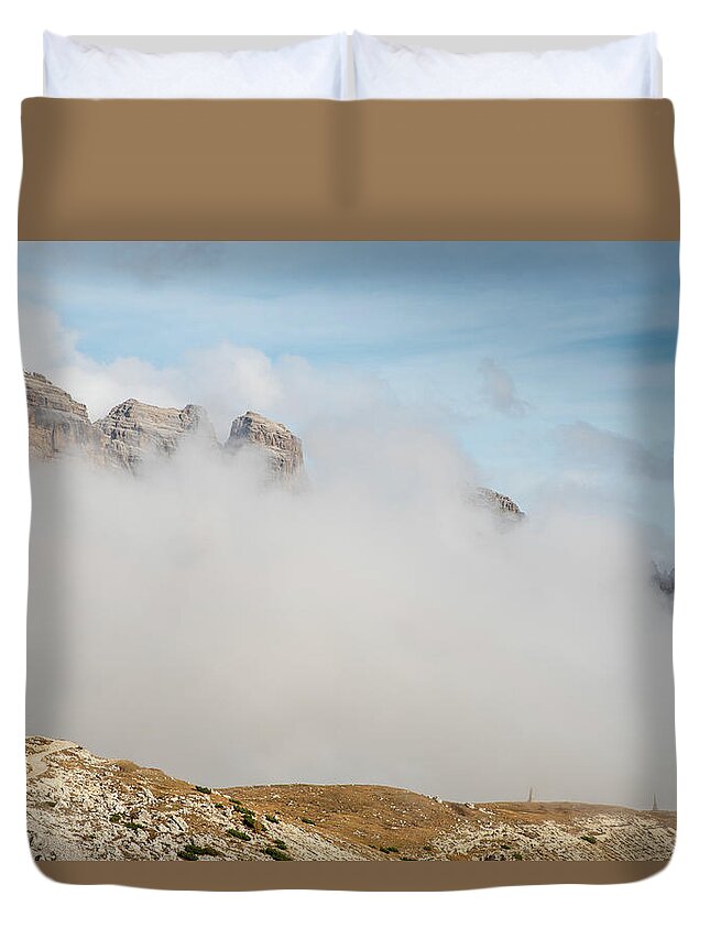 Tre Cime Duvet Cover featuring the photograph Mountain landscape with fog in autumn. Tre Cime dolomiti Italy. by Michalakis Ppalis