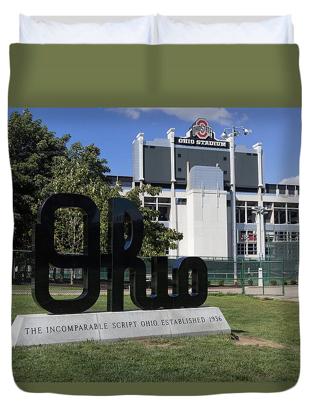 Buckeyes Football Duvet Cover featuring the photograph Ohio script statue at Ohio State University #2 by Eldon McGraw