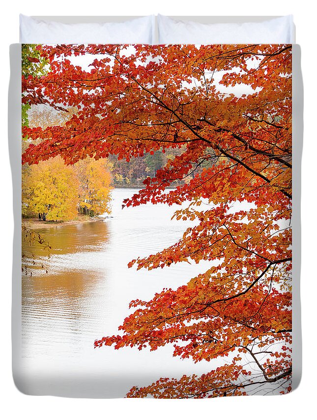 Gaithersburg Duvet Cover featuring the photograph Peaking autumn colors around the lake at Seneca Creek State Park #2 by William Kuta