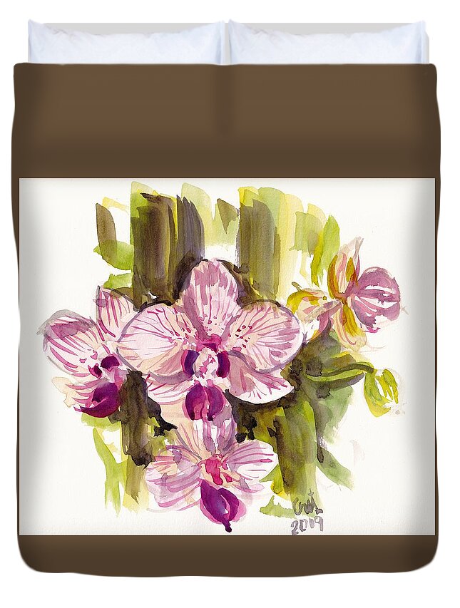 Flower Duvet Cover featuring the painting Pink Orchids by George Cret