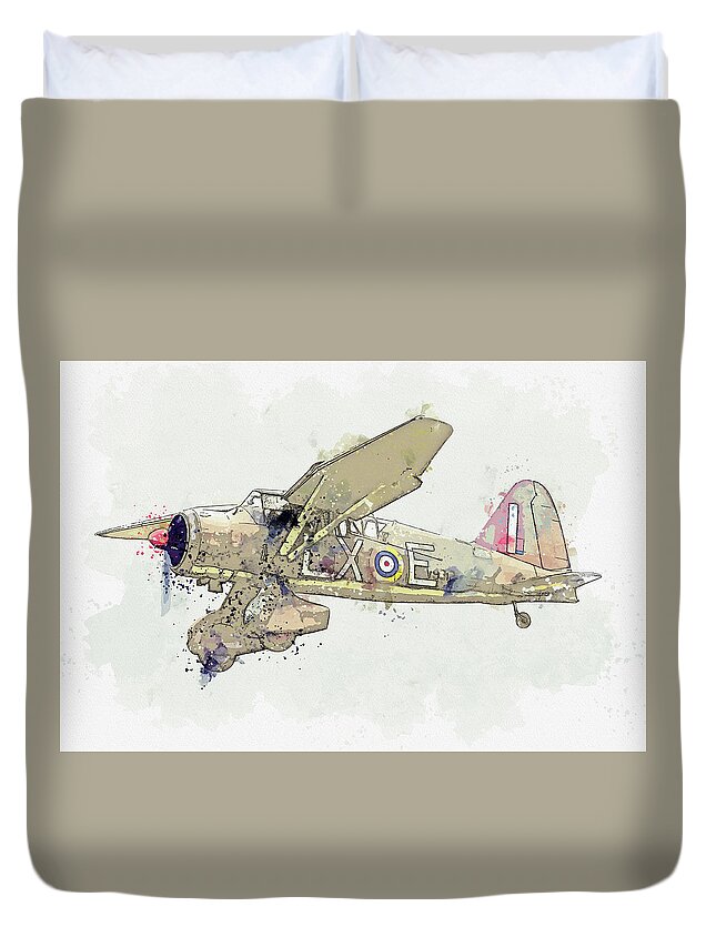 Plane Duvet Cover featuring the painting RAF Westland Lysander V G-CCOM Vintage Aircraft - Classic War Birds - Planes watercolor by Ahmet Asa #2 by Celestial Images