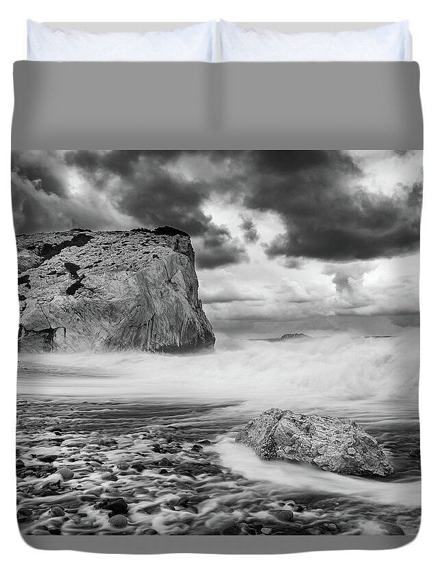 Seascape Duvet Cover featuring the photograph Seascape with windy waves during stormy weather. by Michalakis Ppalis