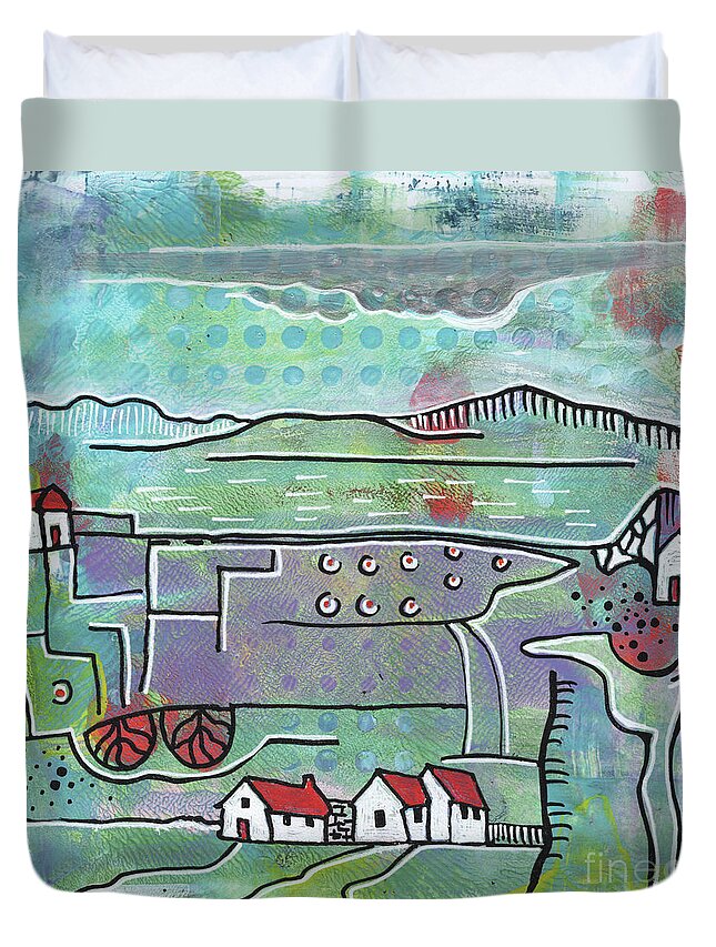 Collages Duvet Cover featuring the painting Seasonal Landscape - Spring #2 by Ariadna De Raadt