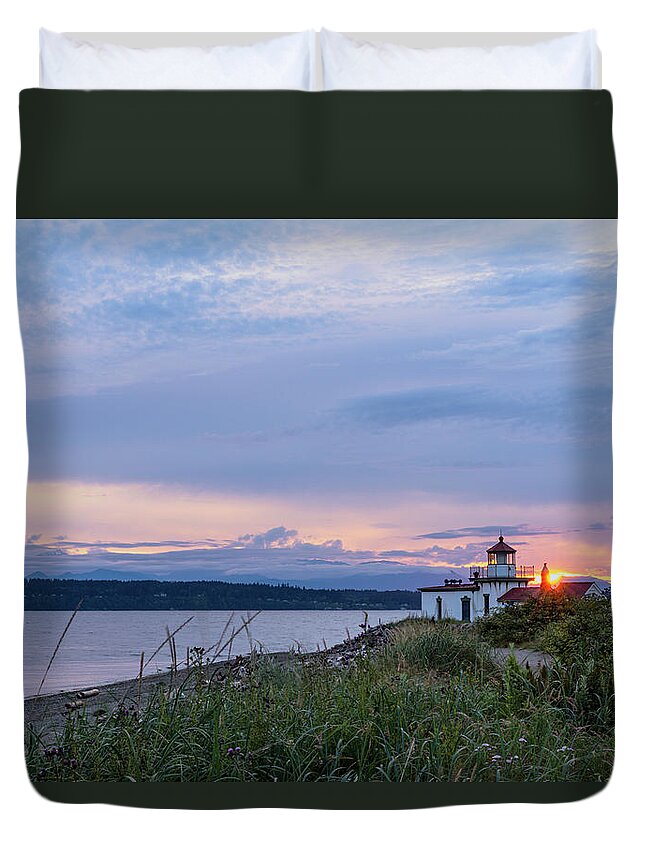 Outdoor; Sunset; Light House; Discovery Park; Seattle; West Point; Elliot Bay; Puget Sound; Washington Beauty; Pacific North West Duvet Cover featuring the digital art Sunset at Discovery Park #2 by Michael Lee