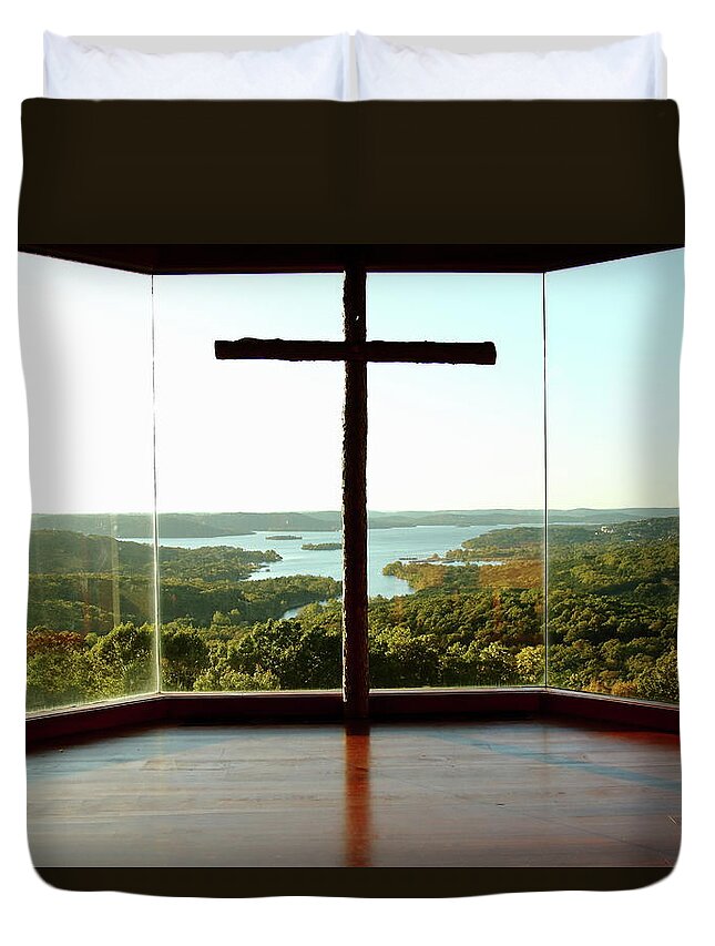 Table Rock Lake Duvet Cover featuring the photograph Top of the Rock Stone Chapel by Lens Art Photography By Larry Trager
