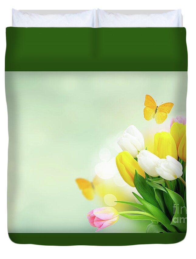 Tulips Duvet Cover featuring the photograph Tulips and Butterflies #2 by Anastasy Yarmolovich