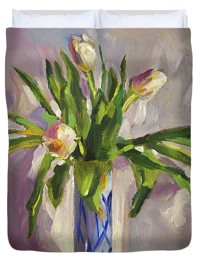 Still Life Duvet Cover featuring the painting Tulips In Blue Glass #2 by David Lloyd Glover