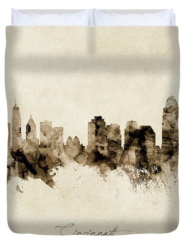 Cincinnati Duvet Cover featuring the digital art Cincinnati Ohio Skyline #20 by Michael Tompsett
