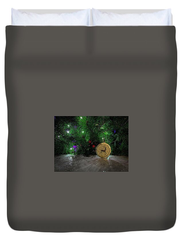 Holiday Lights Duvet Cover featuring the photograph 2019 Enchant - Gold Deer Medallion by Lora J Wilson