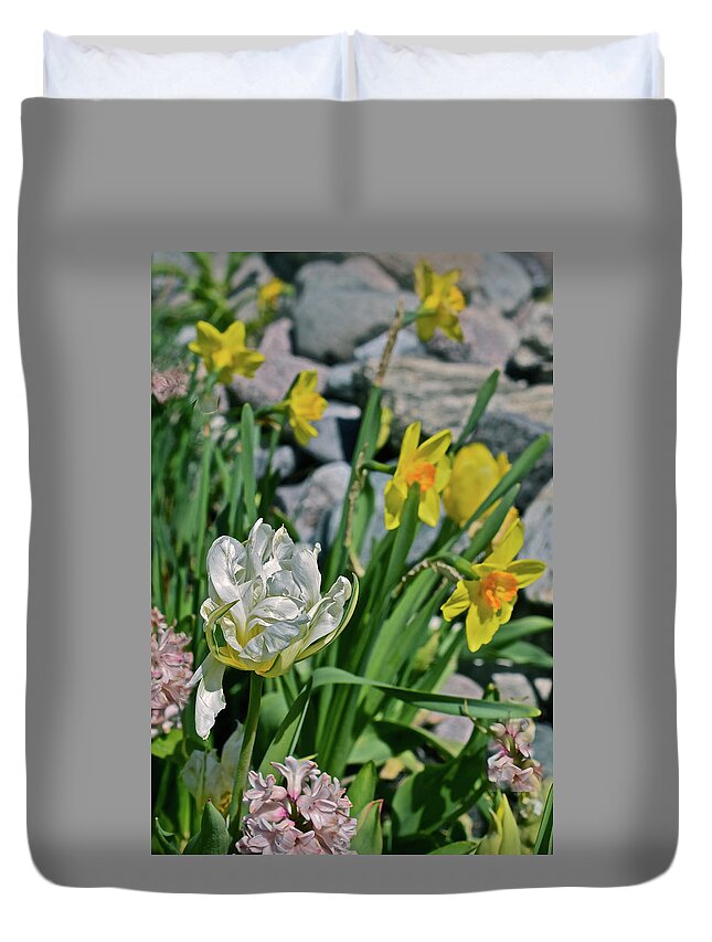 Tulips Duvet Cover featuring the photograph 2020 Acewood Tulips, Hyacinth and Daffodils by Janis Senungetuk